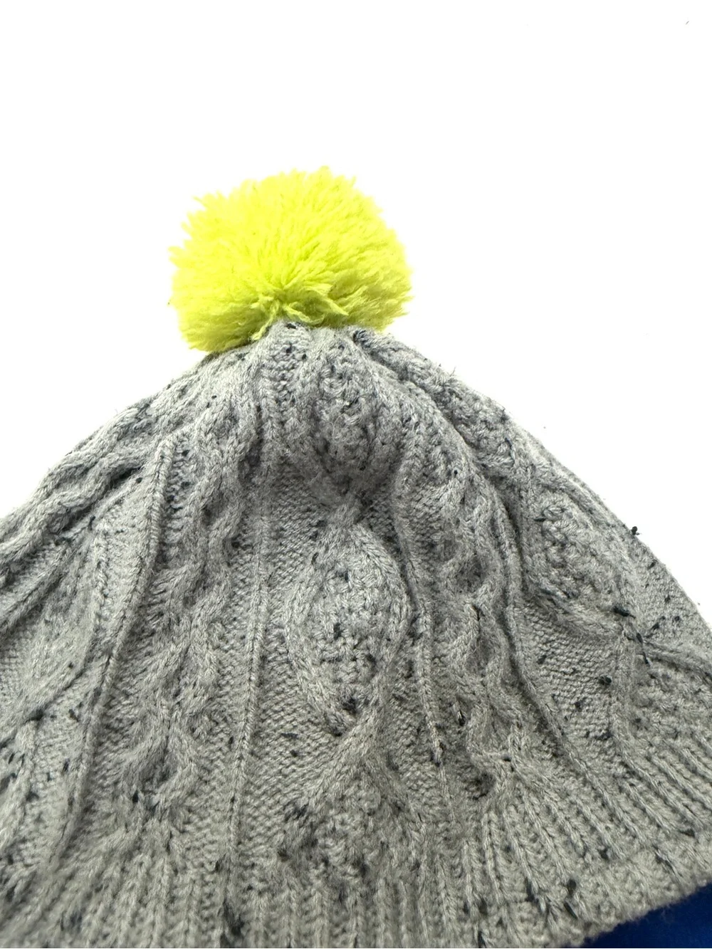 Mini Boden Gray Cable Knit Earflap Winter Snow Hat Blue Lining and Yellow Pom